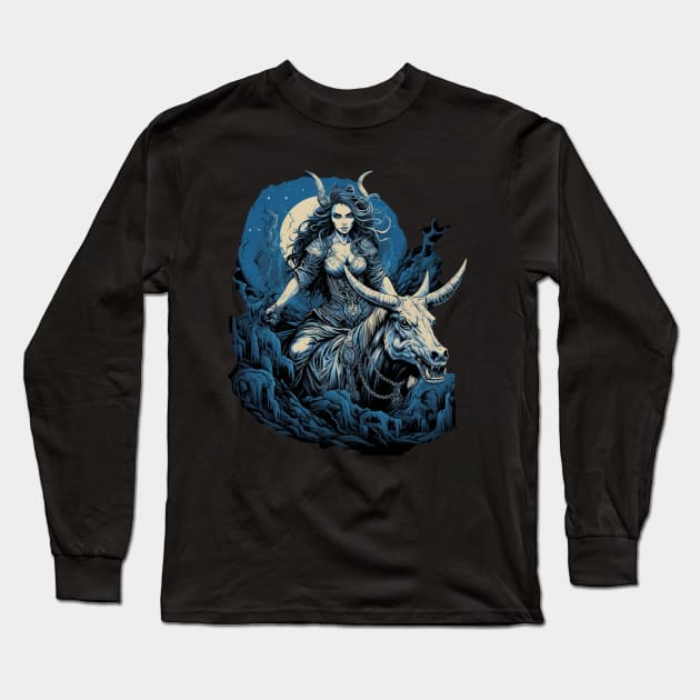 Heavy Metal Valkyrie Goddess Riding Steed Rocker Headbanger Long Sleeve T-Shirt by LunaElizabeth